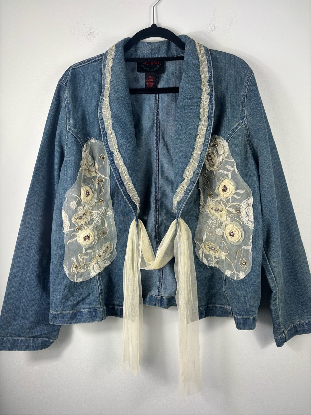 Ashro Jean Denim Fantasy Jacket Shabby Chic Ivory Lace and Tulle Appliqués